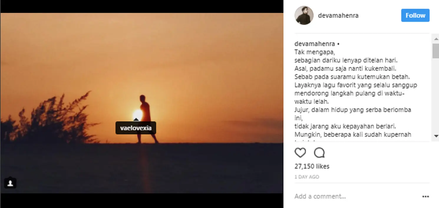 Deva Mahenra menulis puisi romantis. (Instagram/devamahenra)