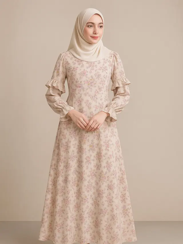 Model Gamis Syari A-Line Ruffle Lengan Soft Trend 2025
