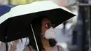 Seorang wanita memakai payung dan masker berjalan di pusat perbelanjaan Myeongdong di Seoul, Korea Selatan, Rabu (3/6/2015). Sekitar 17 orang warga korea telah positif terinfeksi virus Middle East Respiratory Syndrome (MERS). (REUTERS/Kim Hong-Ji)