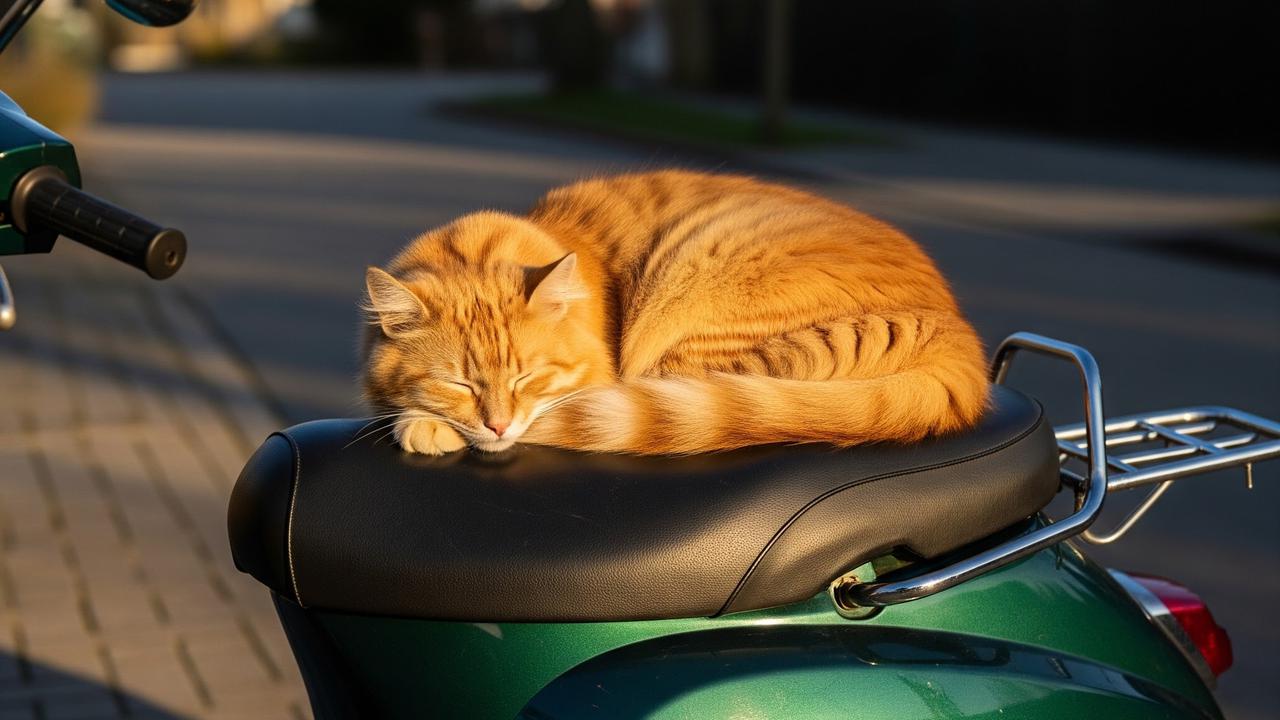 Kucing Tetangga Tidur di Jok Motor (Gemini AI)