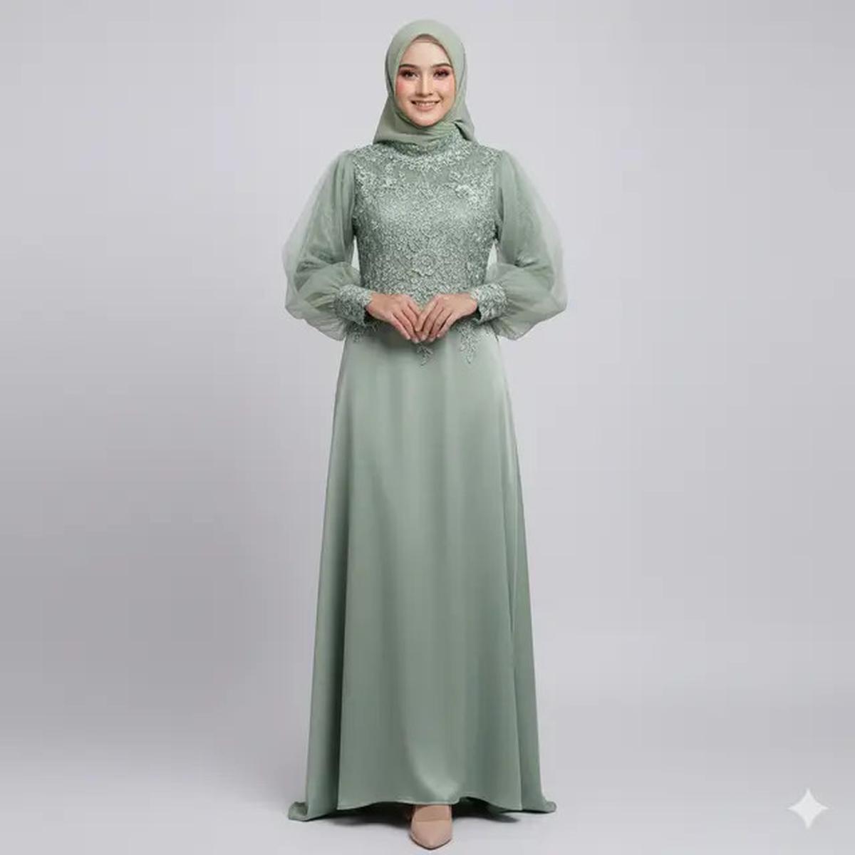8 Inspirasi Gamis Brokat Islami Warna Sage, dari Simpel hingga Glamour