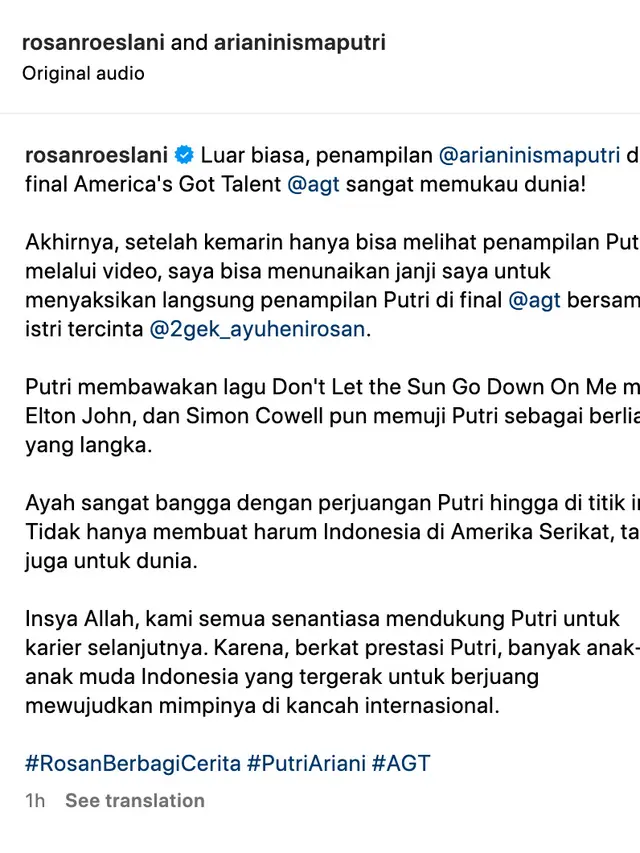 Unggahan Rosan Roeslani soal Putri Ariani. (Foto: Dok. Instagram @rosanroeslani)