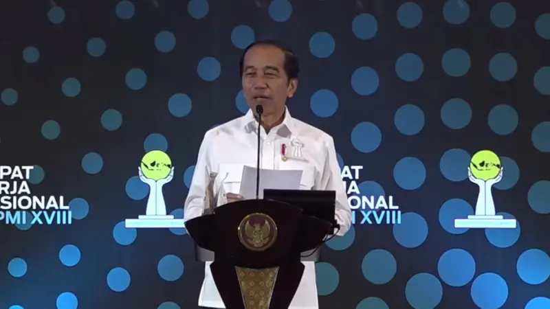 Presiden Jokowi saat memberikan pidato pembukaan Rakernas HIPMI Tahun 2023 di ICE BSD Tangerang. (Istimewa)