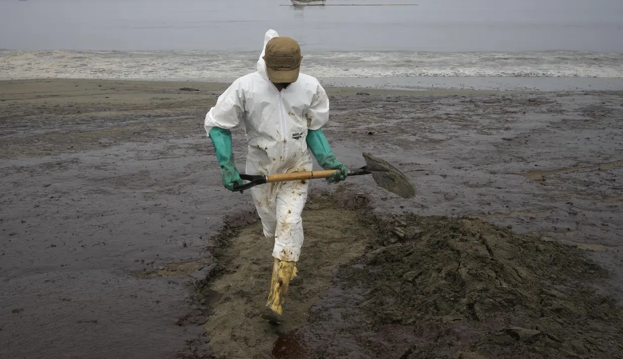Pekerja mengenakan pakaian pelindung membersihkan Pantai Conchitas yang terkontaminasi tumpahan minyak, di Ancon, Peru, Kamis (20/1/2022). Tumpahan minyak di pantai Peru disebabkan oleh gelombang dari letusan gunung berapi bawah laut di negara Pasifik Selatan Tonga. (AP Photo/Martin Mejia)