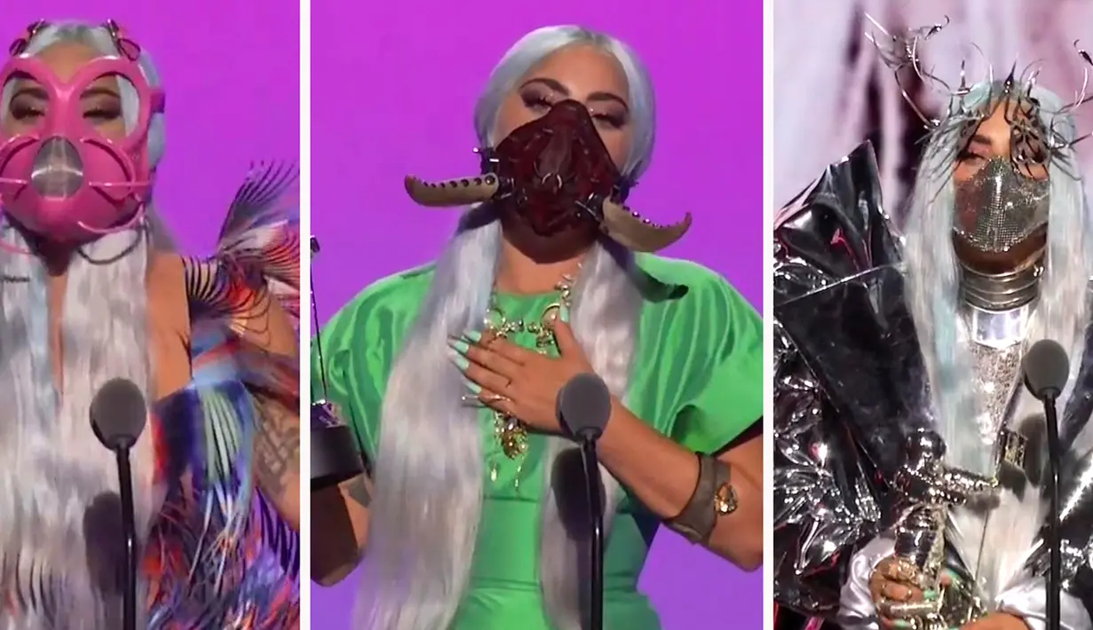 Foto kombinasi yang dirilis pada 30 Agustus 2020 memperlihatkan Lady Gaga mengenakan masker pada ajang MTV Video Music Award (MVA) 2020 yang dilaksanakan secara virtual. Lady Gaga menjadi sorotan karena masker wajah yang dikenakannya. (MTV via AP)
