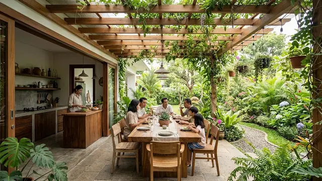 Desain Ruang Makan Semi Outdoor di Antara Dapur dan Taman/AI Generated