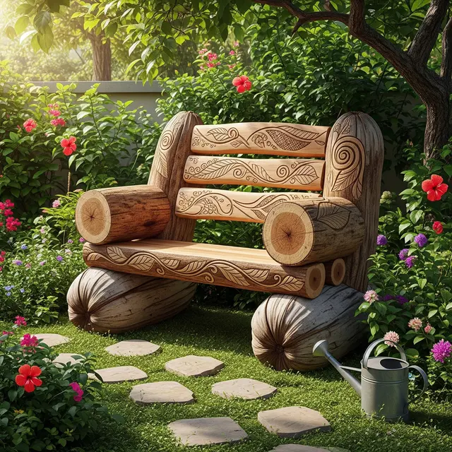 Tempat Duduk Taman dari Batang Kelapa Bekas (AI Generated)