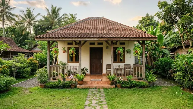 Rumah Desa dengan Serambi Kayu dan Tanaman Hijau