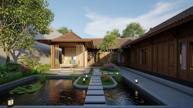 Rumah Desa Kombinasi Modern Jawa dengan Pendopo Minimalis dan Kolam Ikan