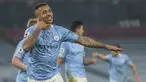 Striker Manchester City, Gabriel Jesus melakukan selebrasi usai mencetak gol kedua timnya ke gawang Wolverhampton Wanderers dalam laga lanjutan Liga Inggris 2020/21 pekan ke-27 di Etihad Stadium, Selasa (2/3/2021). Manchester City menang 4-1 atas Wolverhampton. (AP/Carl Recine/Pool)