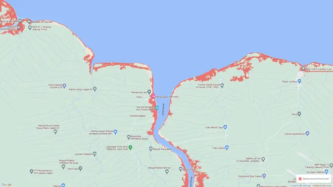 <p>Kondisi pantai timur ditandai warna merah yang menandakan rawan terhadap banjir rob, menurut analisa menggunakan coastal.climatecentral.org </p>