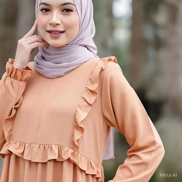 Model Baju Gamis Polos Modern Terbaru Kombinasi Ruffle