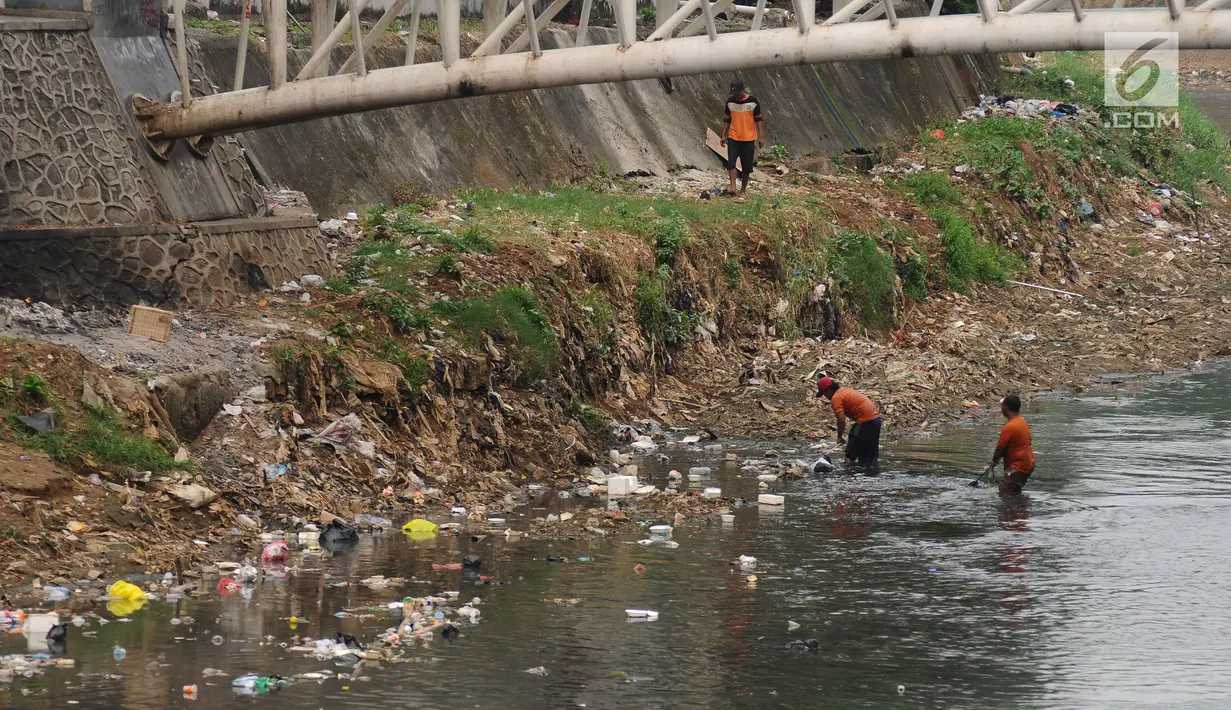 Petugas UPK Badan Air Pemprov DKI Jakarta membersihkan ceceran sampah di pinggir Kali Ciliwung di sekitar Jalan Sultan Agung, Jakarta, Selasa (22/8). Menyusutnya debit air Kali Ciliwung membuat penumpukan sampah. (Liputan6.com/Helmi Fithriansyah)