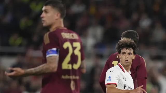 Joao Felix mencetak gol di laga AS Roma vs AC Milan di Olimpico, Senin (19/05/2025) dini hari WIB. Alfredo Falcone/LaPresse via AP Photo.