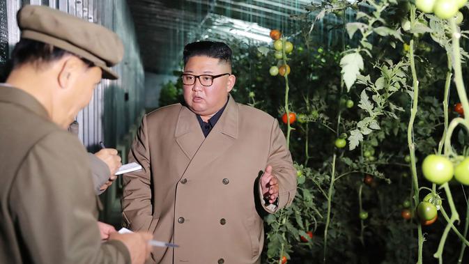Pemimpin Korea Utara Kim Jong-un berbicara dengan ajudannya  saat mengunjungi Jungphyong Vegetable Greenhouse Farm and Tree Nursery yang sedang dibangun di Kyongsong, Korea Utara, Jumat (18/10/2019). Kunjungan tersebut untuk memastikan pasokan makanan stabil. (KCNA VIA KNS/AFP)