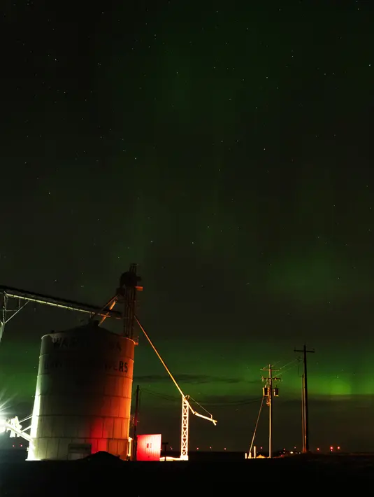 Sebuah aurora borealis, juga dikenal sebagai cahaya utara, terlihat pada langit malam di samping elevator biji-bijian dekat Washtucna, Washington, Amerika Serikat, 26 Februari 2023. Orang juga melaporkan penampakan di Alberta, Kanada, dan Eropa utara. (AP Photo/Ted S. Warren)