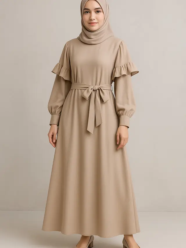 Model Gamis Syari A-Line Ruffle Lengan Soft Trend 2025