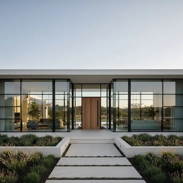 Gambar Rumah Minimalis Tampak Depan dengan Aksen Kaca Modern yang Terlihat Mewah (Image by Gemini AI)