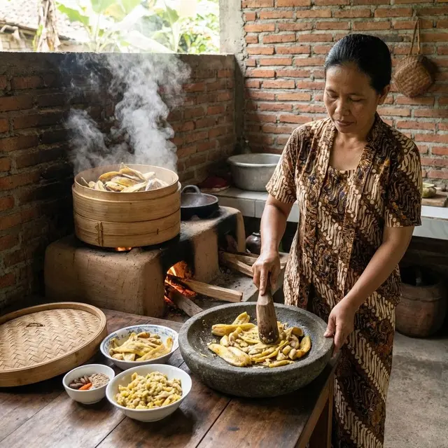 mengukus dan menghaluskan kulit pisang (Gemini AI)