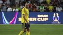 Pemain Al-Nassr, Cristiano Ronaldo saat laga semfinal Saudi Super Cup 2025 melawan Al-Ittihad di Hong Kong Stadium, Hong Kong, Selasa (19/08/2025) waktu setempat. (AP Photo/Chan Long Hei)