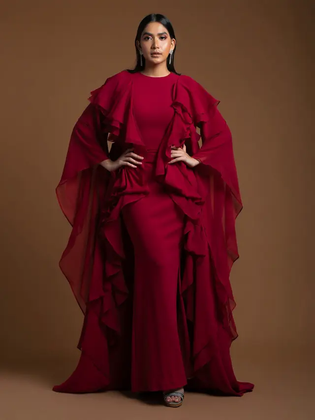 Kaftan Pesta Muslimah Ruffle Modern