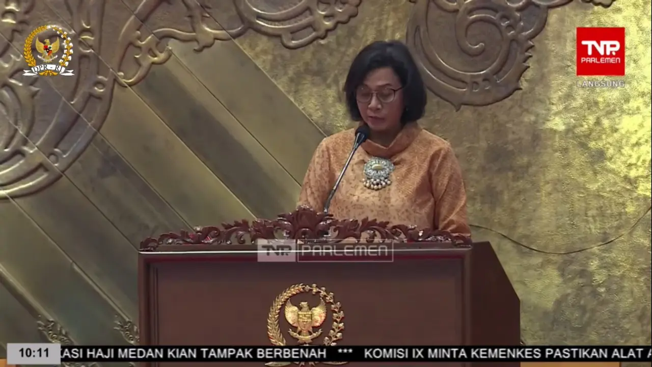Menteri Keuangan Sri Mulyani Indrawati saat Rapat Paripurna DPR RI, Senin (20/5/2024). (Fot: tangkapan layar/ Arief RH)