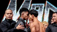 Petarung utama di Byon Madness Vol. 3, Nelson (kiri) dan Dewa Aji (kanan) sudah panas saat sesi timbang badan dan konferensi pers yang belangsung di Studio 6 Emtek Cit pada Sabtu (27/2/2026) pagi hari WIB. Bola.com/Nur Iman Ali)