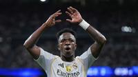 Vinicius Junior dari Real Madrid bereaksi dalam laga La Liga antara Real Madrid dan Mallorca di Madrid, Sabtu, 30 Agustus 2025. (AP Photo/Manu Fernandez)