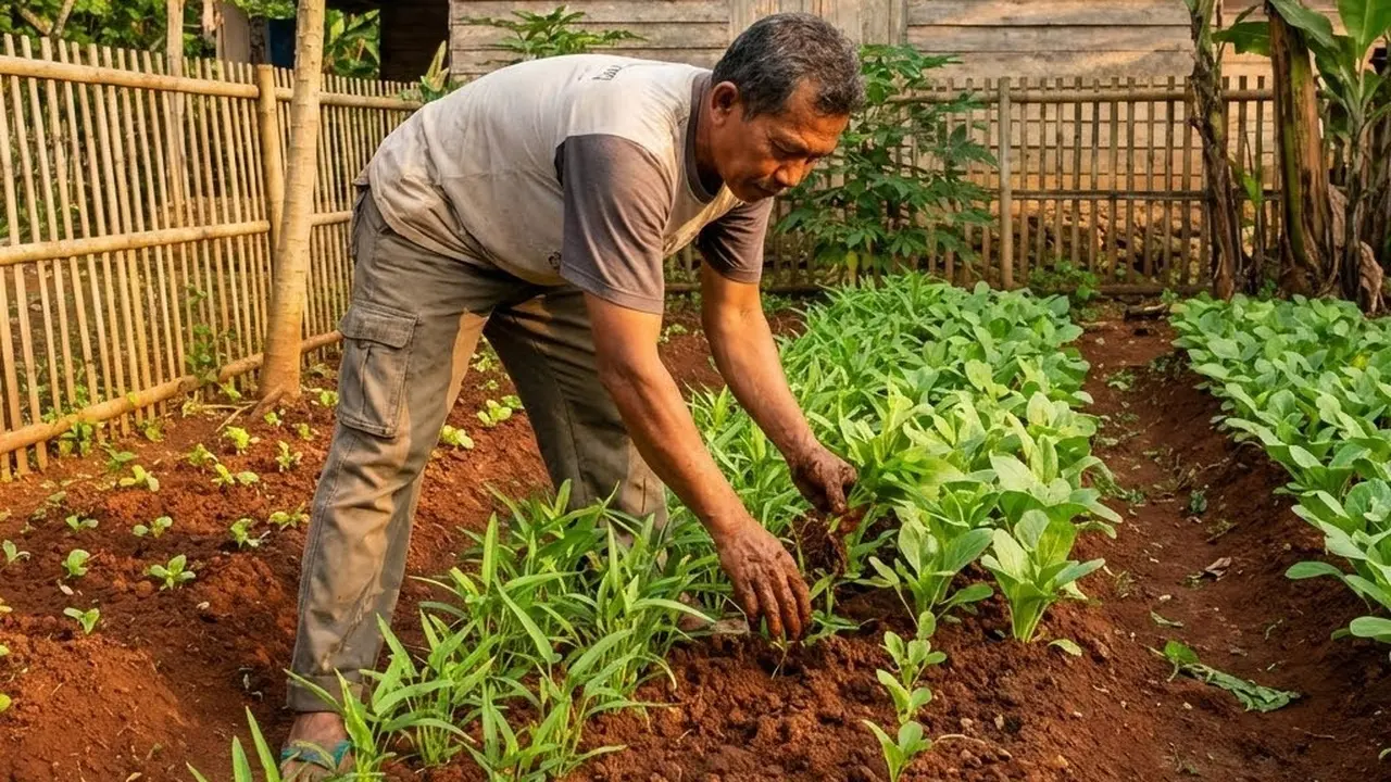 Menanam kangkung, bayam, dan sawi di tanah merah