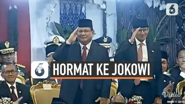 Mendengar namanya disebut, Prabowo Subianto dan Sandiaga Uno kompak berdiri dan memberi hormat kepada Jokowi. Saat itu, Jokowi tengah membuka pidato perdananya dan  menyampaikan salam hormat kepada keduanya.