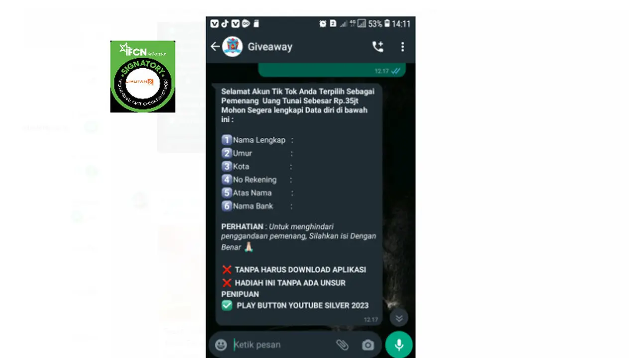 Tangkapan layar klaim pembagian uang ke akun TikTok sebesar Rp 35 juta