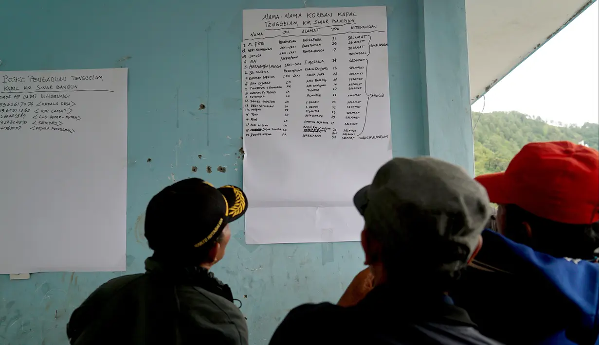 Anggota keluarga melihat daftar korban tenggelamnya KM Sinar Bangun di Danau Toba, Sumatera Utara, Selasa (19/6). Pencarian dan upaya penyelamatan dilakukan oleh Tim Gabungan Basarnas, Marinir dan kepolisian. (Jon NST/AFP)