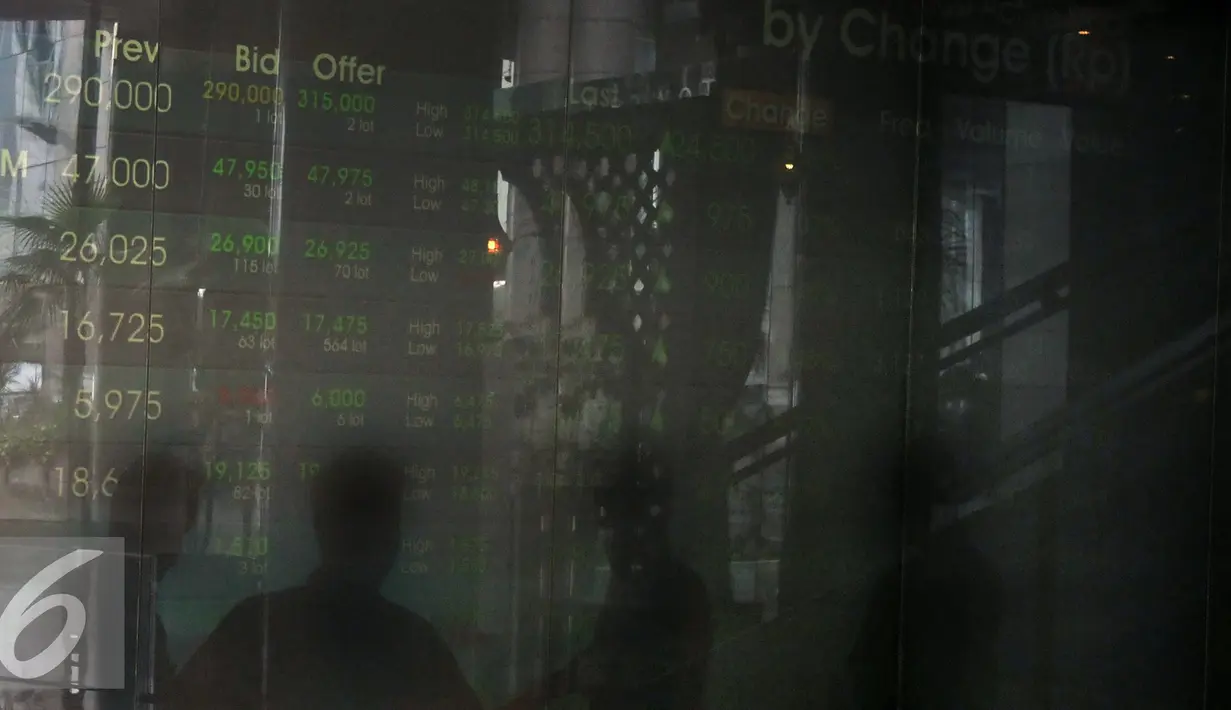 Sejumlah orang mengamati Papan harga saham di Bursa Efek Indonesia, Jakarta, Kamis, (30/7/2015). Setelah terus melemah, IHSG akhirnya menguat 29,82 poin  atau 0,61 persen) ke level 4.750,31. (Liputan6.com/Johan Tallo)
