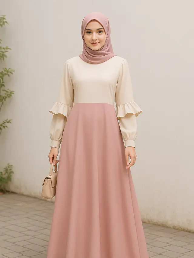 Model Gamis Syari A-Line Ruffle Lengan Soft Trend 2025