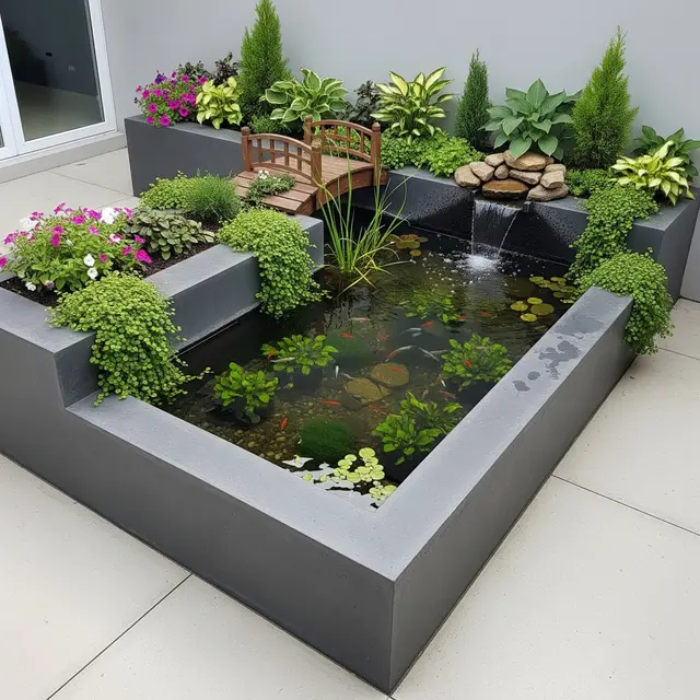 Kolam Ikan Mini untuk Halaman Cor Beton (Gemini AI)