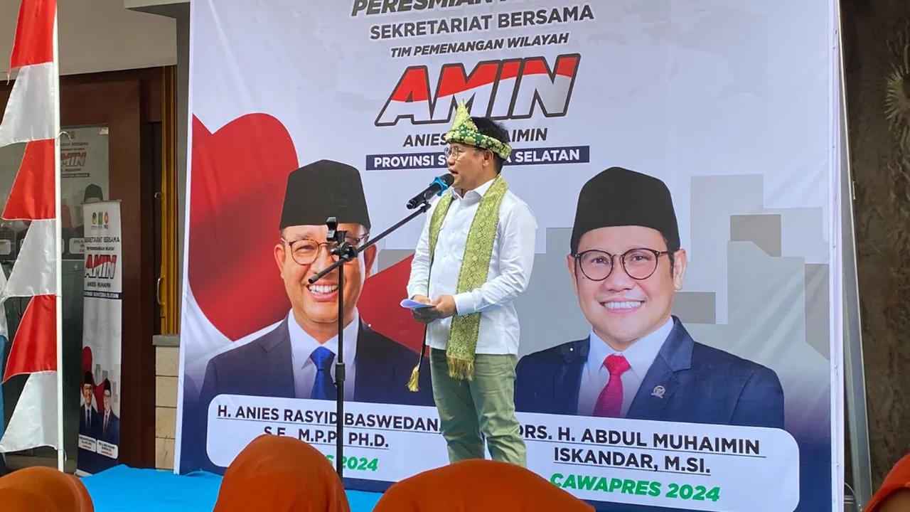 Bakal Calon Wakil Presiden Muhaimin Iskandar menyinggung keberpihakan menyikapi pembatalan agenda Capres Koalisi Perubahan Anies Baswedan di Gedung Indonesia Menggugat (GIM), Jawa Barat, pada Minggu (8/10).&nbsp;<br>