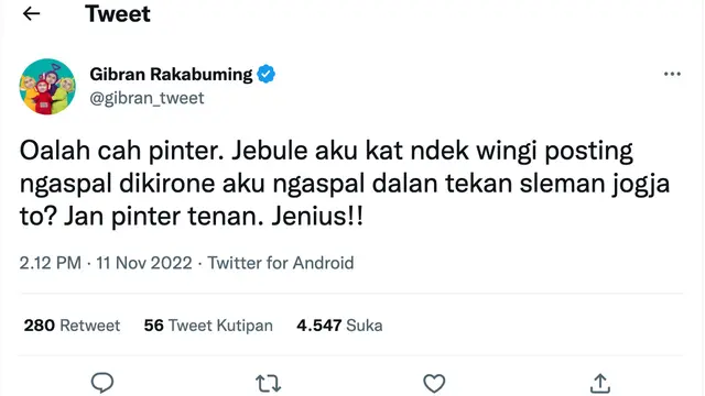 Cuitan Gibran Rakabuming. (Foto: Dok. Twitter @gibran_tweet)
