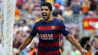 Luis Suarez melakukan selebrasi usai bobol gawang Las Palmas (Reuters)