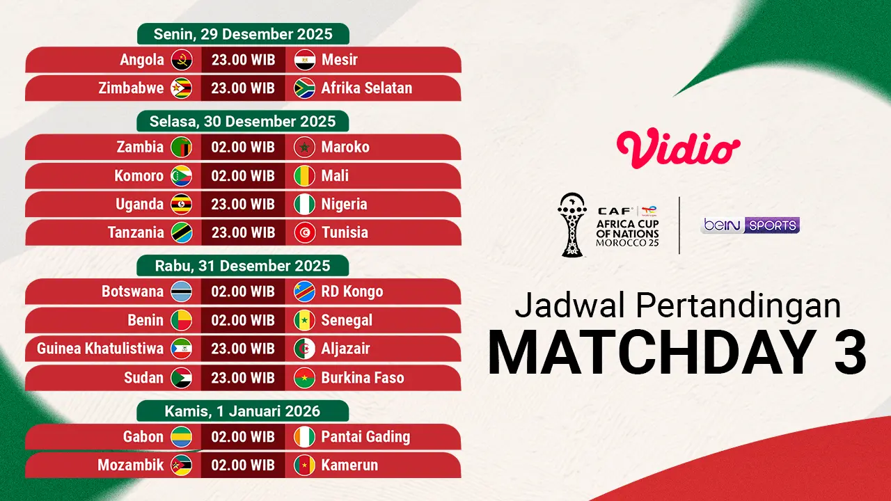 Jadwal pertandingan AFCON pekan ke-3, tayang di Vidio.