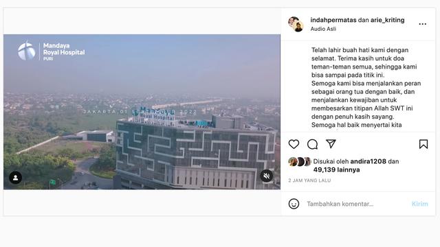 Unggahan Arie Kriting soal Indah Permatasari melahirkan. (Foto: Dok. Instagram @arie_kriting)