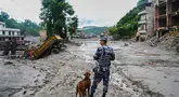 Seorang polisi bersama anjing pelacak mengamati kerusakan pascabanjir bandang di Devighat, distrik Nuwakot, Nepal, Kamis, 27 Agustus 2026. (Foto AP/Niranjan Shrestha)