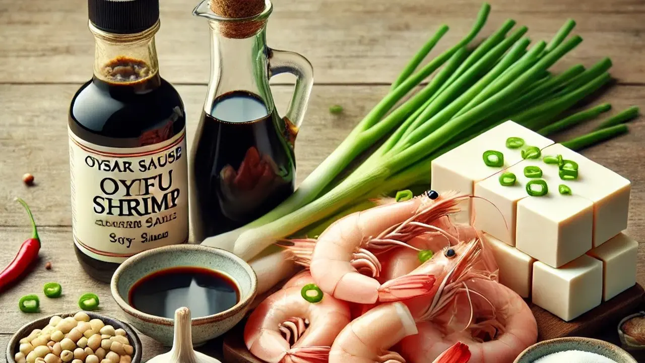 illustrasi bahan-bahan udang saus tiram