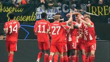 Selebrasi skuad Bayern Munchen dalam laga versus Atalanta di leg pertama 16 besar Liga Champions 2025/2026, Rabu (11/3/2026). (AP Photo/Luca Bruno)