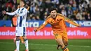 Penyerang Real Madrid, Gonzalo Garcia melakukan selebrasi setelah mencetak gol ketiga perempat final Copa del Rey 2024/2025 melawan Club Deportivo Leganes SAD di Estadio Municipal de Butarque, Leganes pada 5 Februari 2025 waktu setempat atau Kamis 6 Februari 2025 dini hari WIB. (JAVIER SORIANO/AFP)