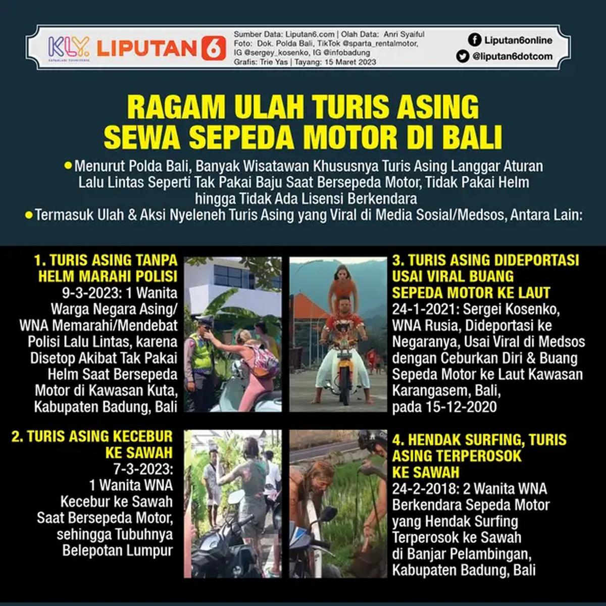 Infografis Ragam Ulah Turis Asing Sewa Sepeda Motor di Bali. (Liputan6.com/Trieyasni)
