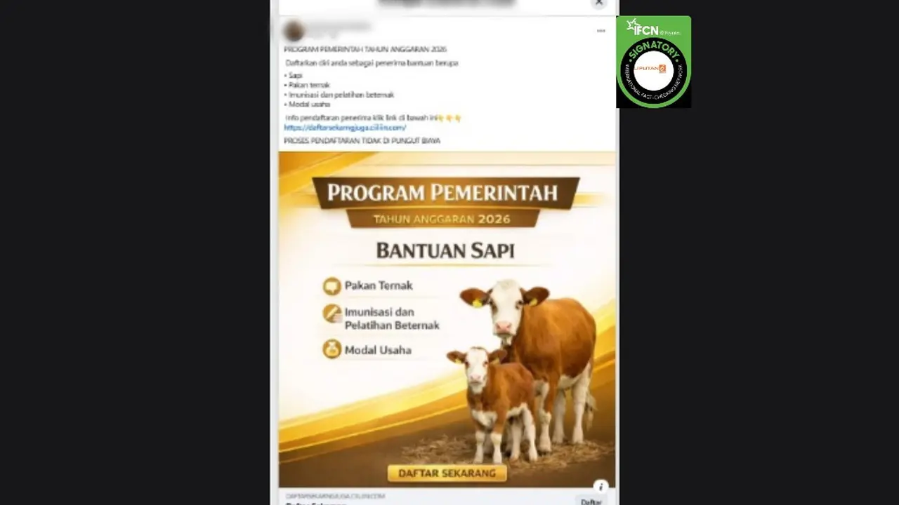 Cek Fakta Liputan6.com mendapati klaim link pendaftaran program pemerintah berupa bantuan sapi tahun anggaran 2026