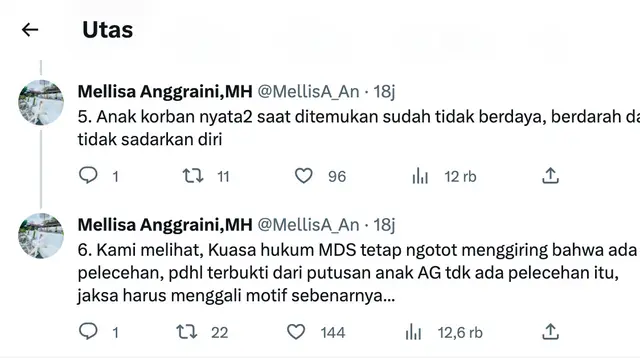 Pengacara David Ozora mengutip kesaksian 5 security atay petugas keamanan di TKP penganiayaan David Ozora dalam utas di Twitter, Kamis, 15 Juni 2023. (Foto: Dok. Twitter @MellisA_An)