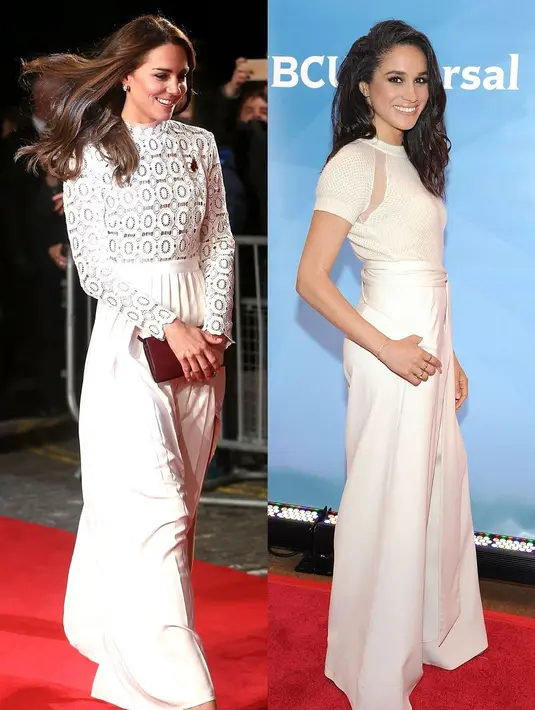 Gaun Putih memang terlihat mewah dan sangat memanjakan mata. Begini ketika Meghan Markle dan Kate Middleston memakai busana senada. (Getty Images/Cosmopolitan)