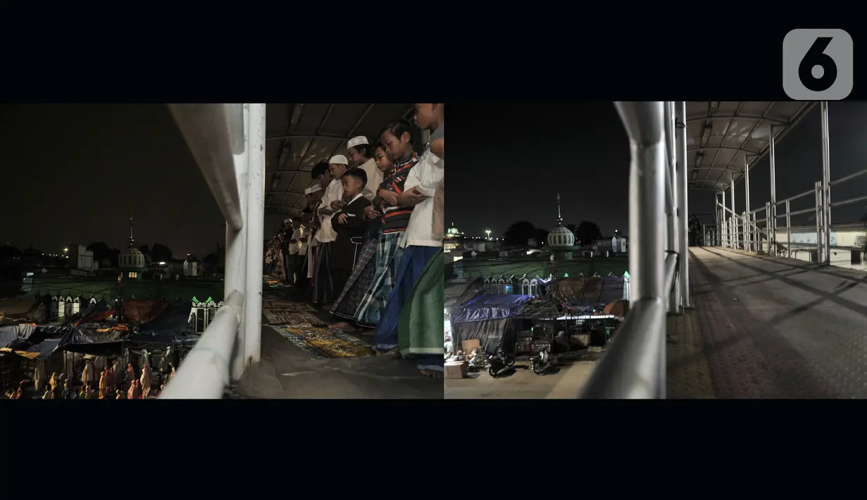 Foto kombo suasana salat Tarawih malam pertama Ramadan tahun lalu dan saat ini di Musala Miftahul Jannah, Pasar Gembrong, Jakarta, Kamis (24/4/2020). Penerapan PSBB untuk memutus rantai penyebaran Covid-19 membuat masjid serta musala di Jakarta meniadakan salat Tarawih. (merdeka.com/Iqbal S Nugroho)
