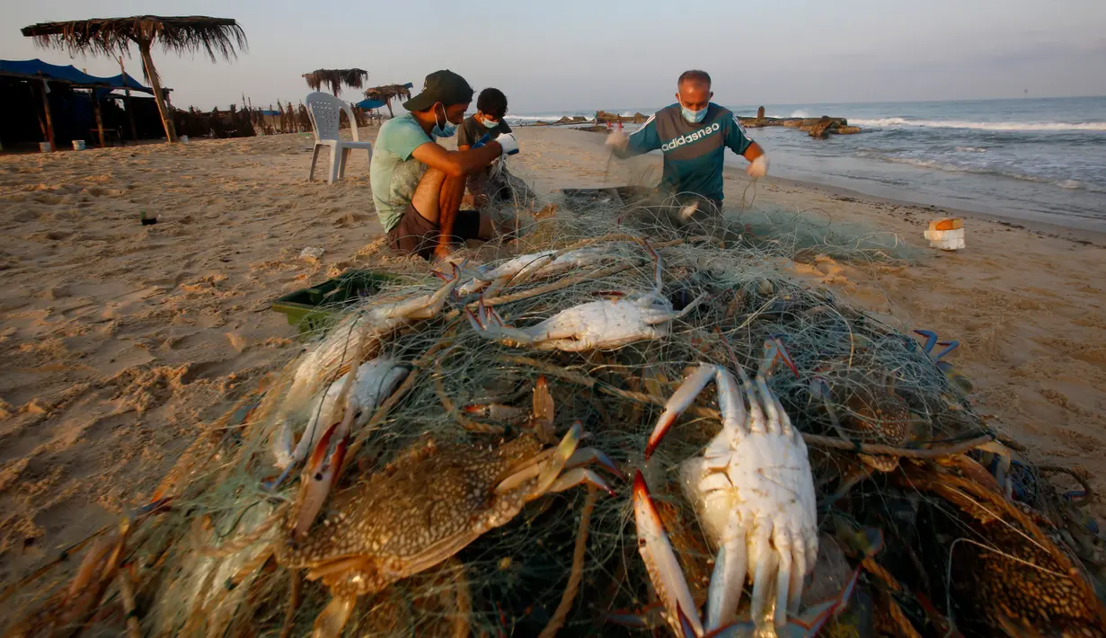 Nelayan Palestina mengenakan masker saat mereka menangkap kepiting di pantai laut Mediterania di Beit Lahyia, Jalur Gaza utara pada 21 September 2020. (AP Photo / Hatem Moussa)